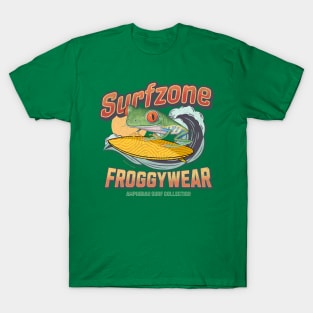 Cute and Funny red eyed tree frog surfing using froggy wear amphibian surf attire tee T-Shirt